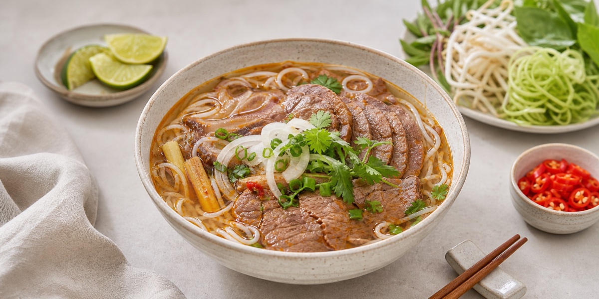 Bún bò Huế noodle soup with beef and herbs