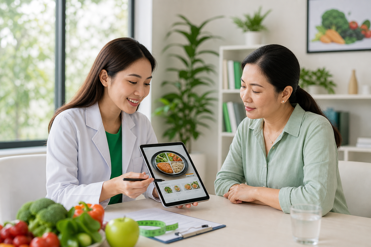 Dietitian reviewing a meal plan with a patient in a clinic