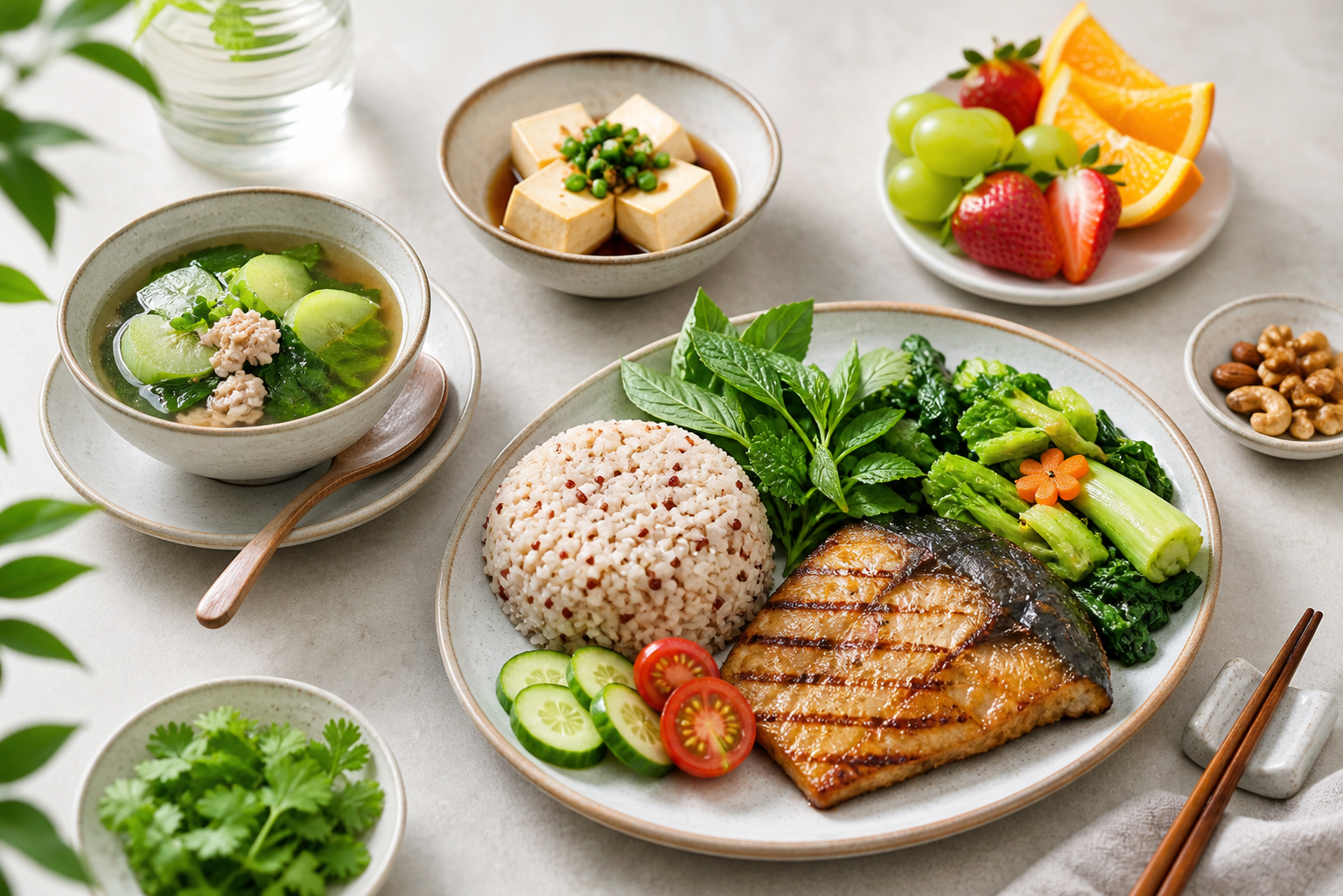 Balanced Vietnamese meal with rice, fish, vegetables, soup, tofu, and fruit